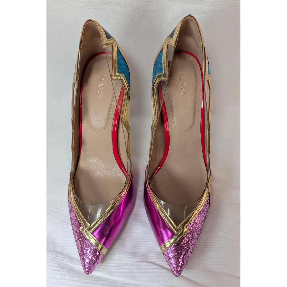 Aldo Stessy Multi Color Metallic Glitter Clear PVC Pointed Toe Pumps Size 10